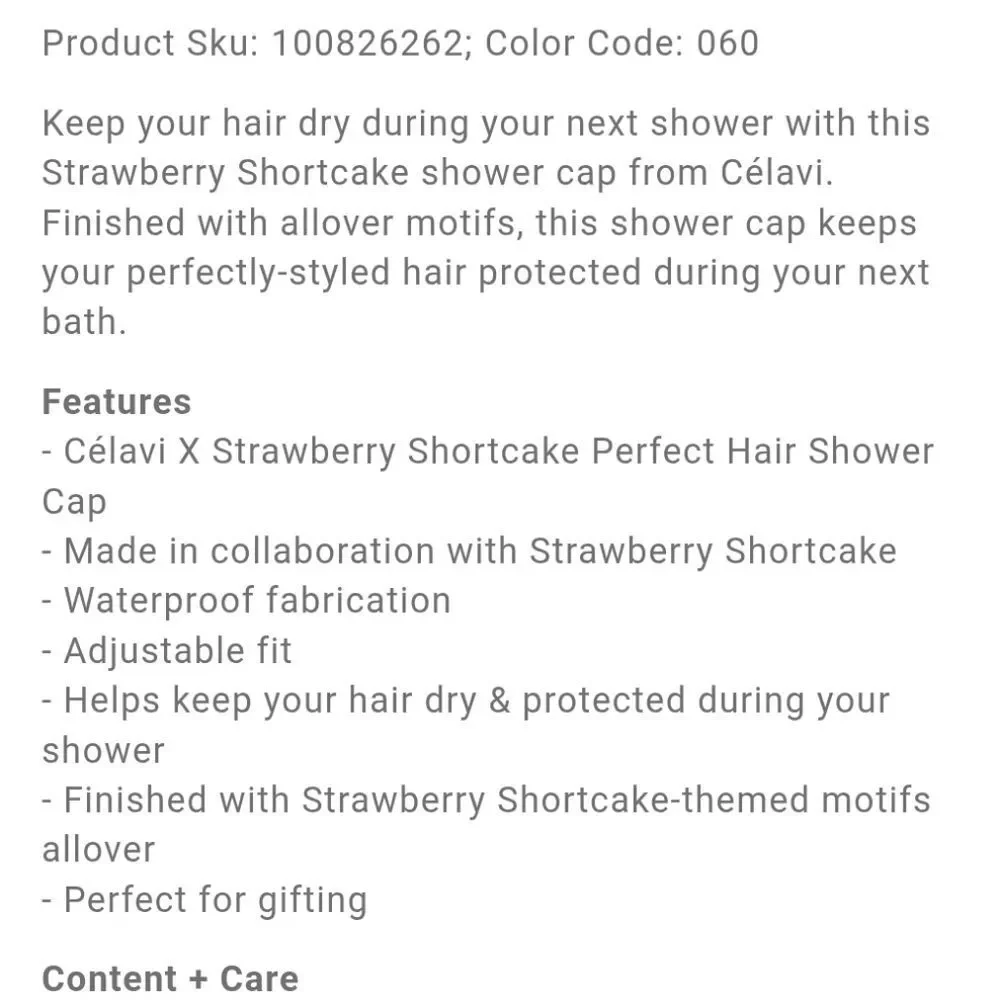 Celavi‎ X Strawberry Shortcake Perfect Hair Shower Cap